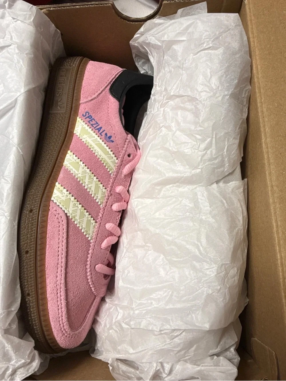 adidas Kids Pink Suede Spezial Sneakers with Cream Stripes and Brown Gum Sole